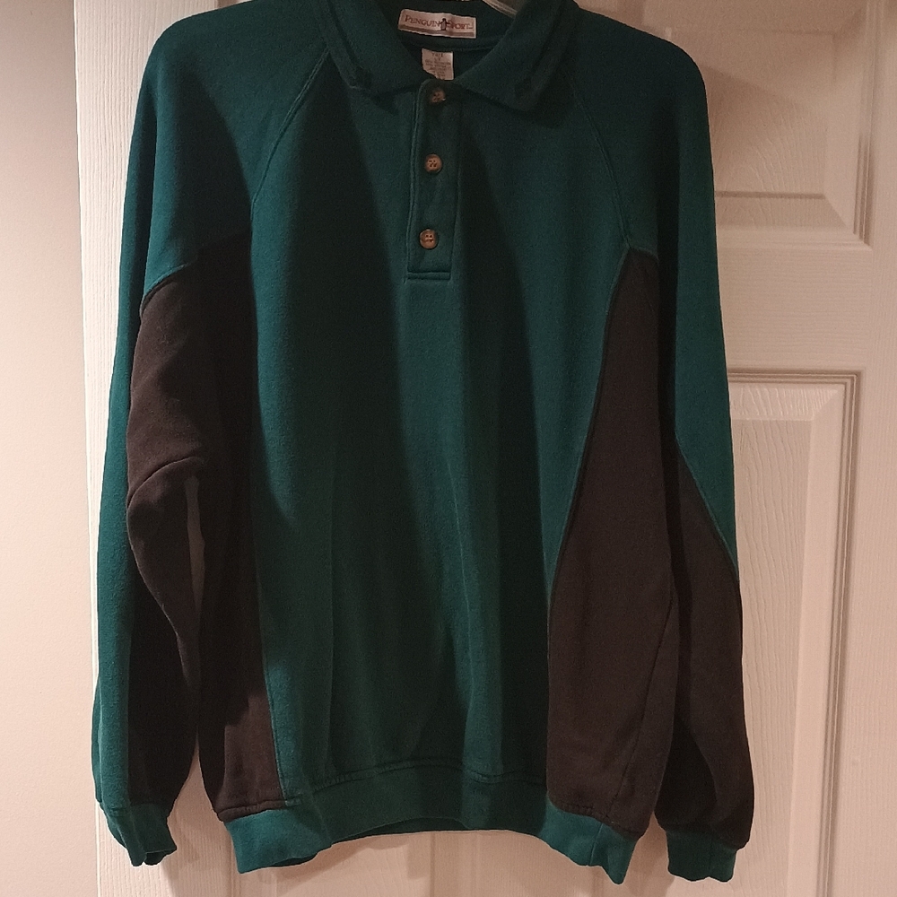 Original Penguin Teal and Black Long-Sleeve Polo Sweatshirt